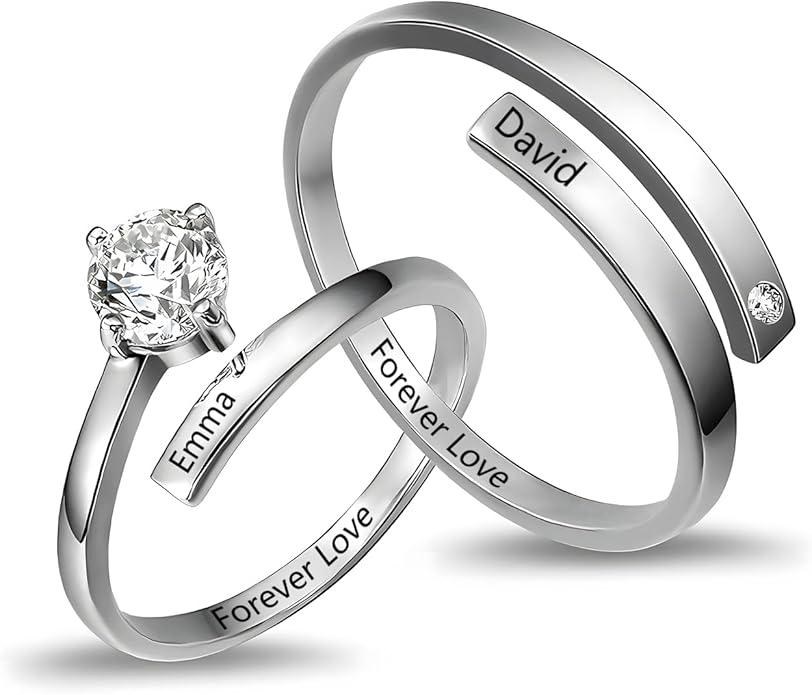 Personalized Couple Rings Engraved with Names - Adjustable Matching Promise Rings Set with Cubic Zirconia, Romantic Gift for Her/Him, Wedding, Anniversary, Valentine's Day (No Size Worry)