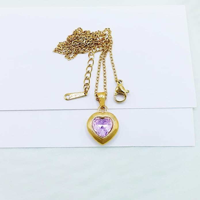 Cute Gold Heart Necklace for Women,18k Gold Plated Cubic Zirconia Charm Necklaces,Stainless Steel Women's Heart Stone Pendant Necklace for Women,16-18 Inches Adjustable Chain,Trendy Jewelry Gifts