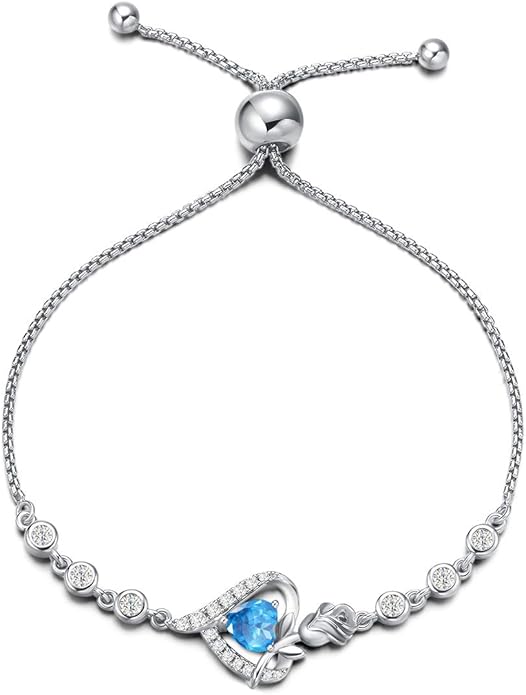 AGVANA Valentines Day Gifts Rosy Reverie Birthstone Bracelet for Women Sterling Silver Genuine or Created Gemstone Tennis Bracelet Rose Heart Jewelry Anniversary Birthday Gifts for Women Mom Wife Her