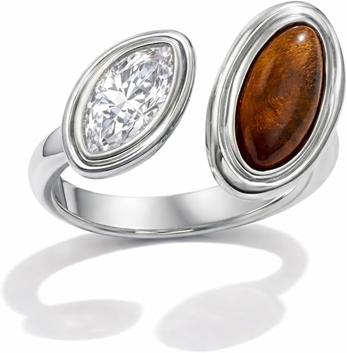 Mchic Adjustable Chunky Rings for Women: Dainty Natural Gemstone Ring Stainless Steel 18K Gold/Silver Plated Band Rings Non Tarnish Waterproof Statement Fashion Jewelry Gift for Women