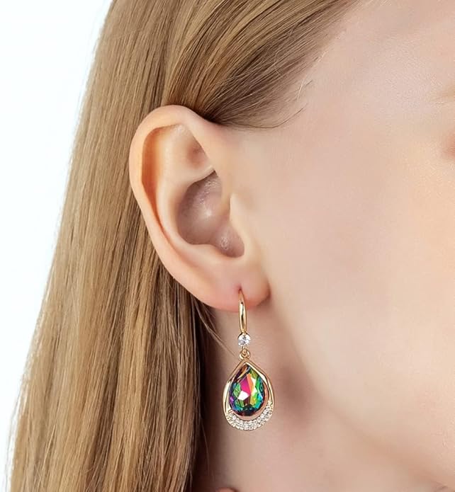 Austrian Crystal Halo Teardrop Hollow Drop Dangle Earrings for Women 14K Rose Gold Plated Hypoallergenic Jewelry Gifts