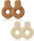 4 Pairs Handmade Raffia Rattan Bohemian Round Drop Dangle Earrings for Women, Boho Statement Cute Fun Hoop Earrings Set