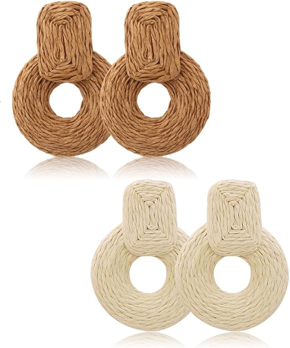 4 Pairs Handmade Raffia Rattan Bohemian Round Drop Dangle Earrings for Women, Boho Statement Cute Fun Hoop Earrings Set