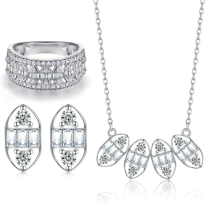 Gemlux 14K Gold Moissanite Ring Stud Earrings Necklace Set, Women's Luxury Three-Piece Jewelry Set, Classic Design for Daily Wear or Special Events