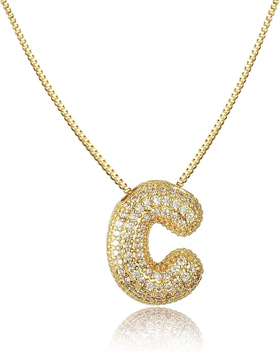 SKQIR Diamond Initial Letter Necklace for Women Bubble Gold Plated Puffy Balloon Alphabet Crystal Zircon Pendant Name Necklace Dainty Charms Trendy Jewelry Gift for Women