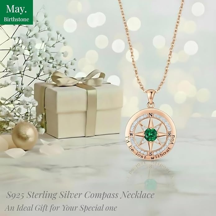 Compass Necklace for Women Wife Girlfriend Mom Daughter Gifts S925 Sterling Silver Jewelry For Anniversary Rose Gold Gifts For Birthday Christmas Mothers Valentines Day 12 Birthstones