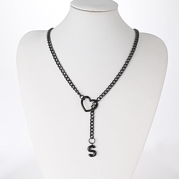 Black Heart Slip Chain Initial Necklaces for Women,Stainless Steel O-Ring Adjustable Lariat Heart Y-Necklace,Punk Gothic Cuban Collar Choker Necklace for women