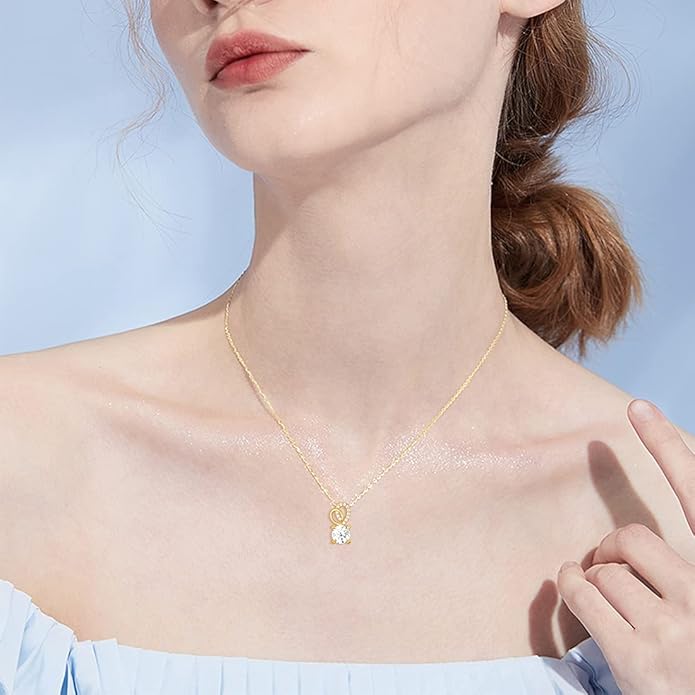 SISGEM 14K Real Gold 1 Carat Round-Cut Moissanite Necklace for Women,Yellow Gold Infinity/Heart Pendant Ribbon Necklaces Birthday Gifts for Wife Girlfriend 16''-18''