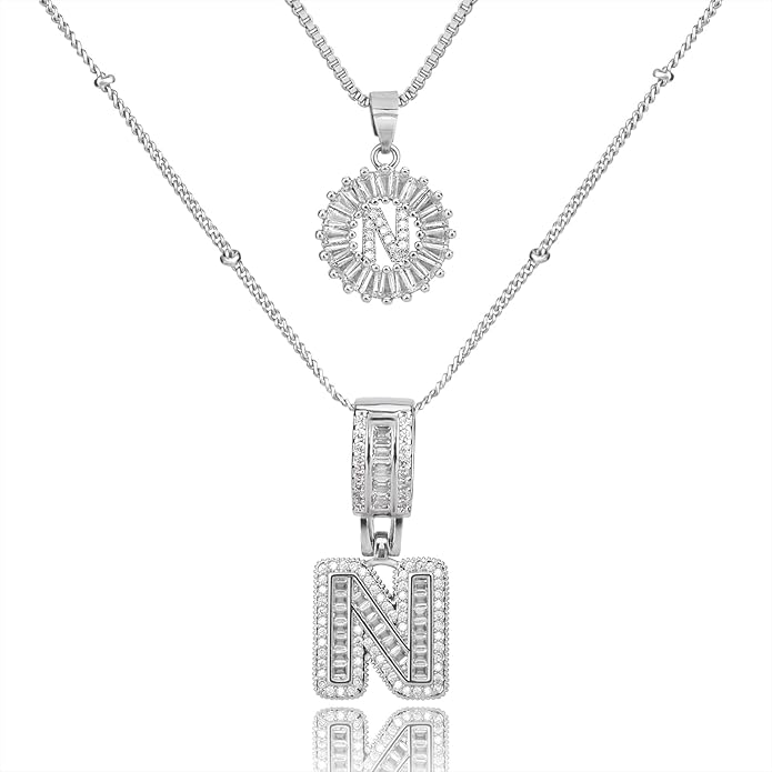 Initial Letter Necklace for Women 14k White Gold Silver Plated Dainty Necklaces Trendy Chunky Custom Layered Necklace Set Personalized Round Circle Zirconia A-Z Letter Chain Pendant Jewelry Gift