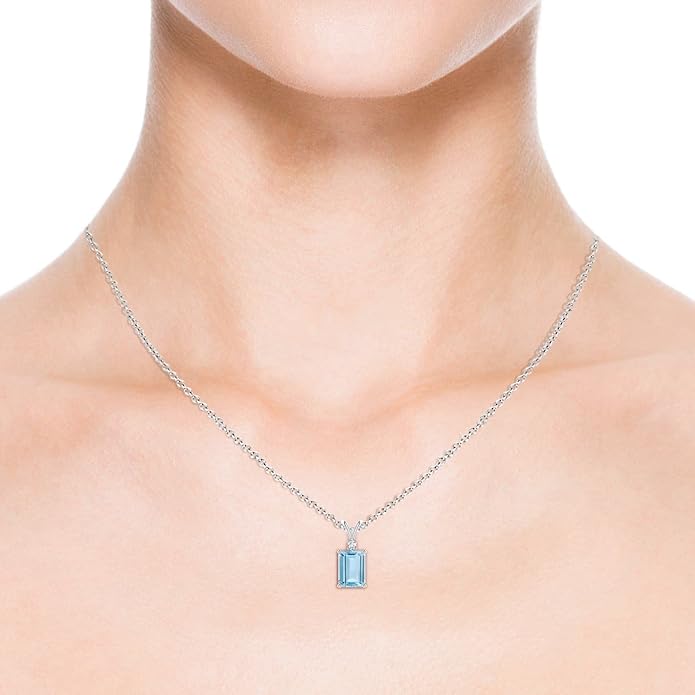 Angara Natural Aquamarine Solitaire Pendant for Women | Emerald-Cut Aquamarine Pendant with Diamond in 14K Solid Gold/Silver/Platinum With 18" Chain | March Birthday, Gemstone Jewelry Gift