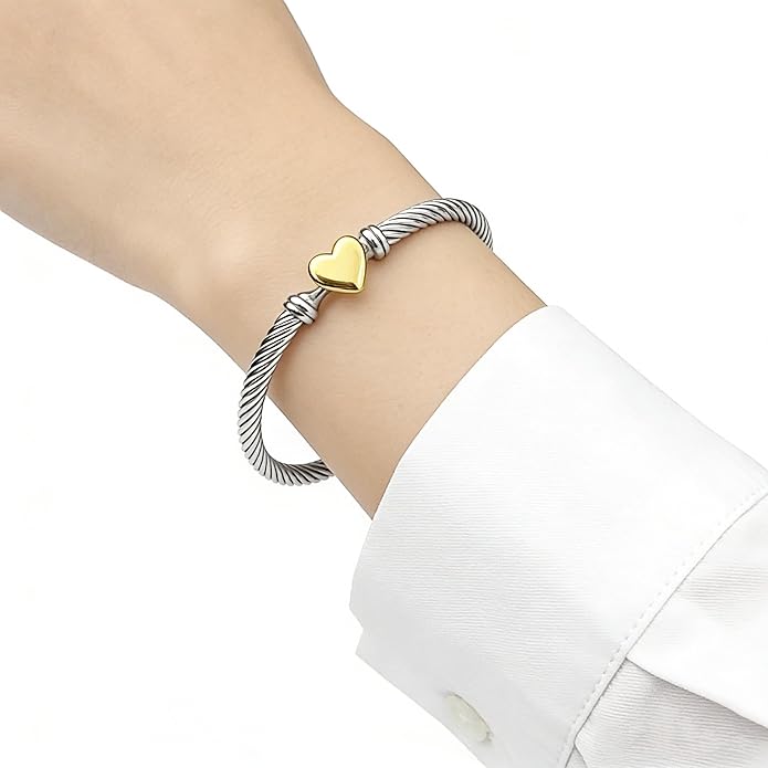 Decpro Adjustable Twist Stainless Steel Cable Bracelet with 14K Gold Plated Love Heart Charm - 4MM Open Bangle Cuff for Women & Men, Gift for Friends, Family, Valentine (6-8cm)