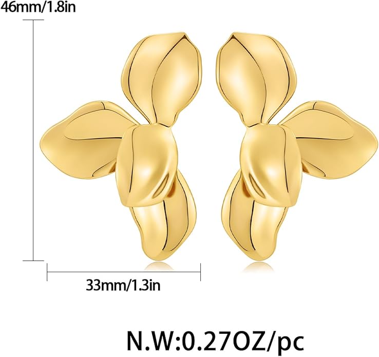 Chunky Gold Statement Earrings For Women Gold Plated Sectored Flower Leaf Shell Angel Wing Earrings Trendy Boho Jewelry For Women Large Stud Earrings Hypoallergenic Earrings
