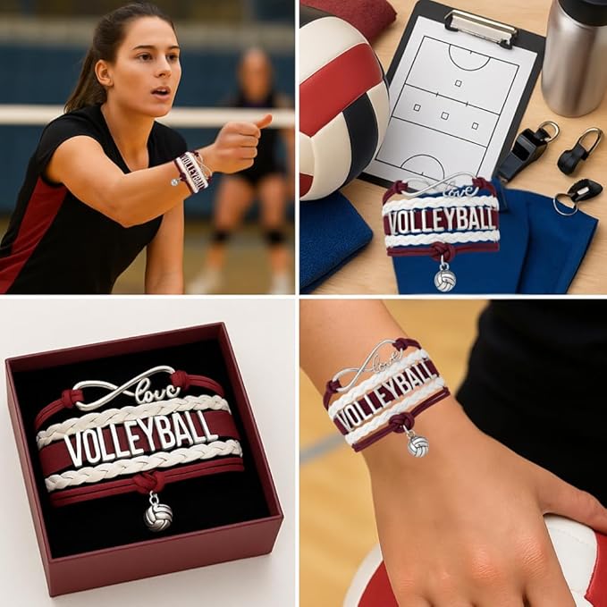 Volleyball Bracelets For Girls- Ideal Volleyball Gifts & Souvenirs. Adjustable Charm Bracelet with Moveable Letters, Infinity Symbol & Silver Volleyball Charm. Fashionable Bracelets by SportyBella.