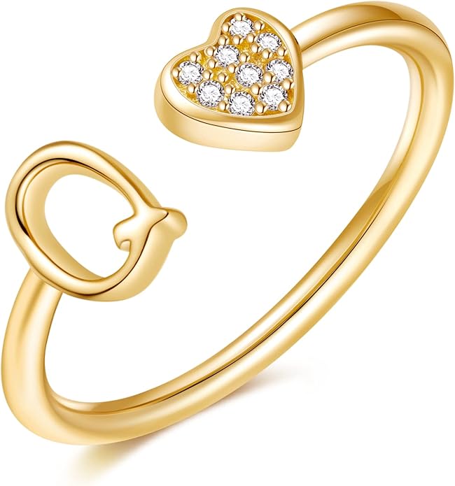 Valentines Day Gift Initial Rings for Teen Girls - S925 Heart Sterling Silver Rings for Teen Girls | 14K Gold/Rose Gold/Sterling Silver Plated Ring for Girls Kids Women Ring for Teenager Girls Gifts Adjustable, No Tarnish, Hypoallergenic