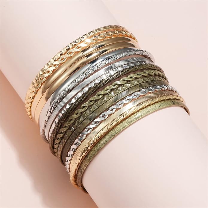 16Pcs Gold Bangle Bracelets for Women - Multi Layer Stackable Textured Bracelets Boho Jewelrys Set.