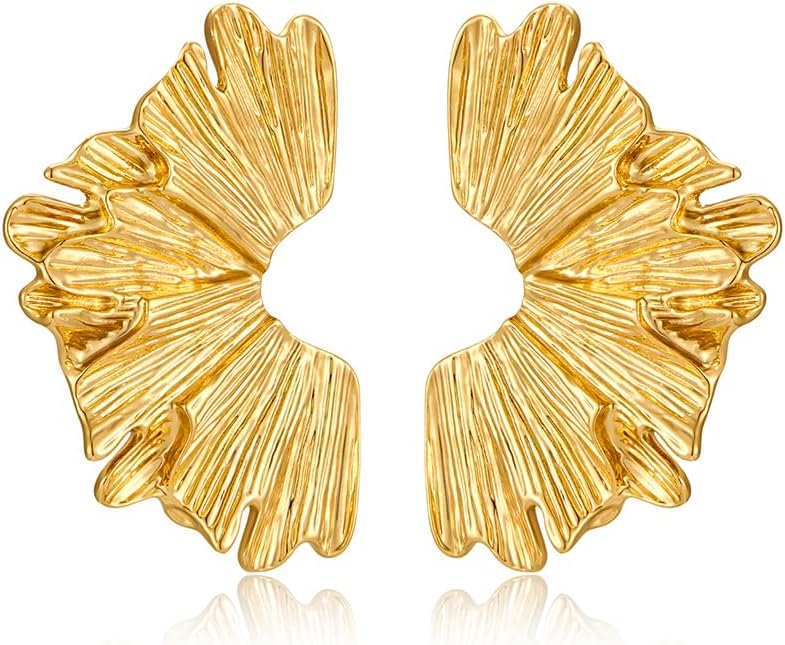 Chunky Gold Statement Earrings For Women Gold Plated Sectored Flower Leaf Shell Angel Wing Earrings Trendy Boho Jewelry For Women Large Stud Earrings Hypoallergenic Earrings