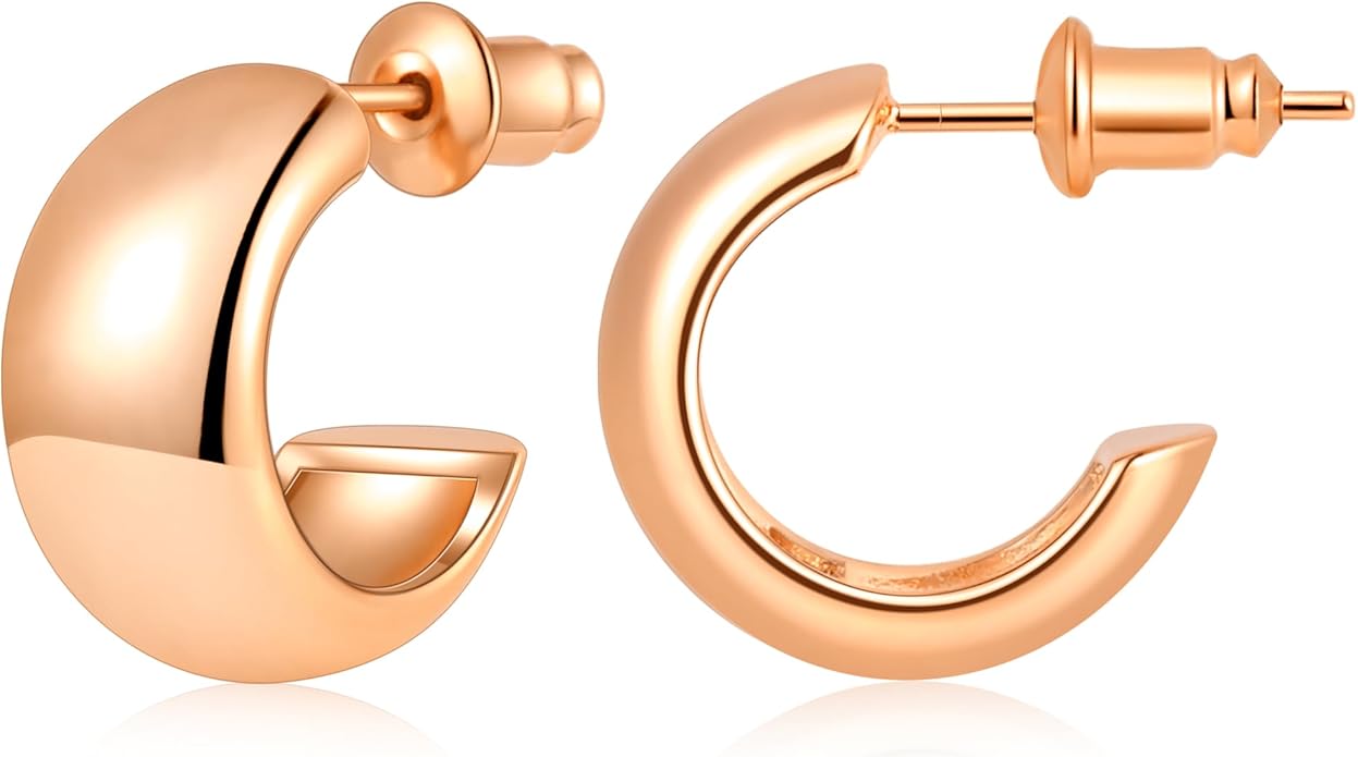Gamicy Small 14K Gold Plated Hoop Earrings for Women with 925 Stering Silver Post, 14K Real Gold Plated Chunky Lightweight Hoops Earrings