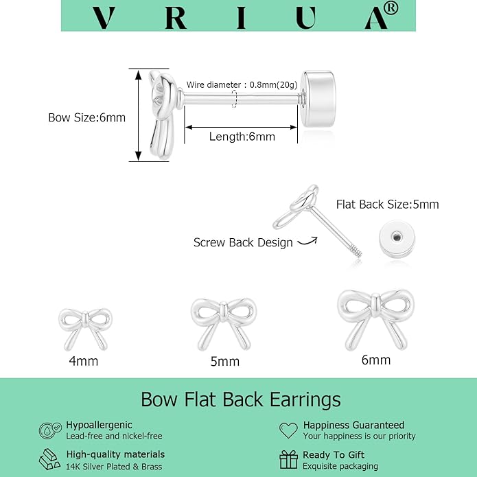 VRIUA 20G Tiny Flat Back Earrings for Women - 14K Gold/Silver Plated Small Flat Back Stud Earrings Hypoallergenic Cartilage Helix Piercing Jewelry