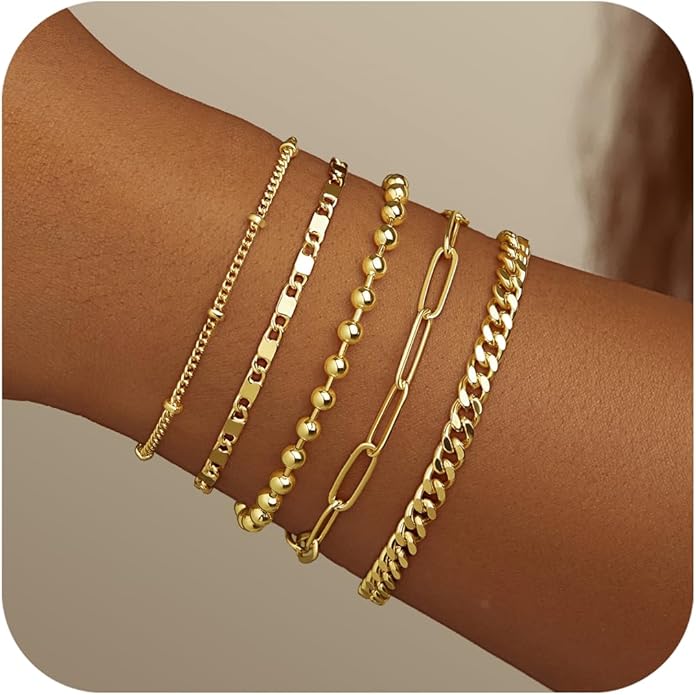 Gold Bracelets Set for Women Stack, Dainty Thick Bracelets Stack for Women Trendy, Simple Thin Gold Plated Cuff Stackable Bracelets With Beaded Cuban Paperclip Snake Rope Bangle Hand Chain Jewelry Gifts for Women Non Tainish