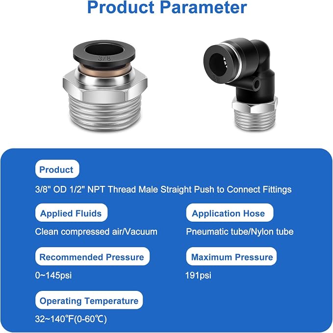 CNAODUN 12 Pcs Push to Connect Fittings 3/8 Inch Tube OD x 1/2 Inch NPT Thread - Image 2