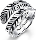 Sterling Silver Feather Ring with Black Onyx & Turquoise - Adjustable Stacking Vintage Statement Ring for Women & Men