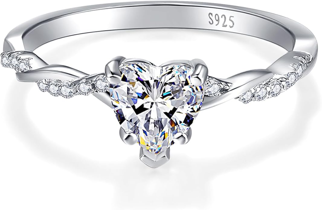 1.25ct Womens Heart Promise Ring, 925 Sterling Silver Heart Cut Created Emerald/Sapphire/Amethyst/Ruby/Cubic Zirconia/Opal Twisted Vine Engagement Ring for Women Size 5-10
