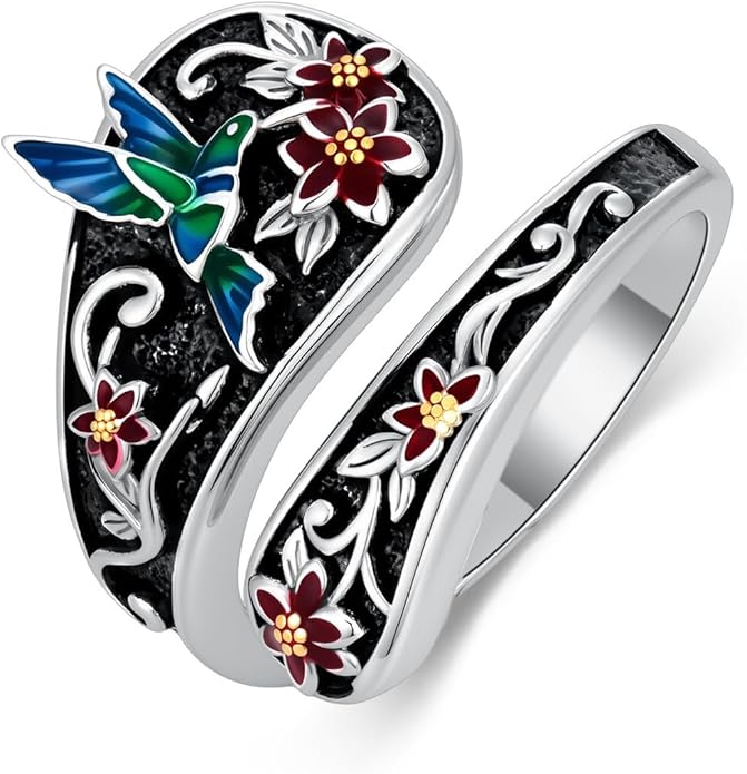 LOANGO Spoon Ring for Women 925 Sterling Silver Spoon Rings Adjustable Oxidized Vintage Thumb Rings Sunflower Hummingbird Butterfly Bee Cardinal Jewelry Gifts for Women Men