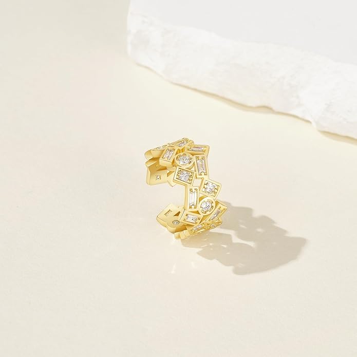 KissYan Gold Rings for Women, 14K Gold Plated Adjustable Statement Irregular Geometric Diamond Twisted Open Stackable Band Chunky Finger Rings Dainty Cubic Zirconia Jewelry Gifts
