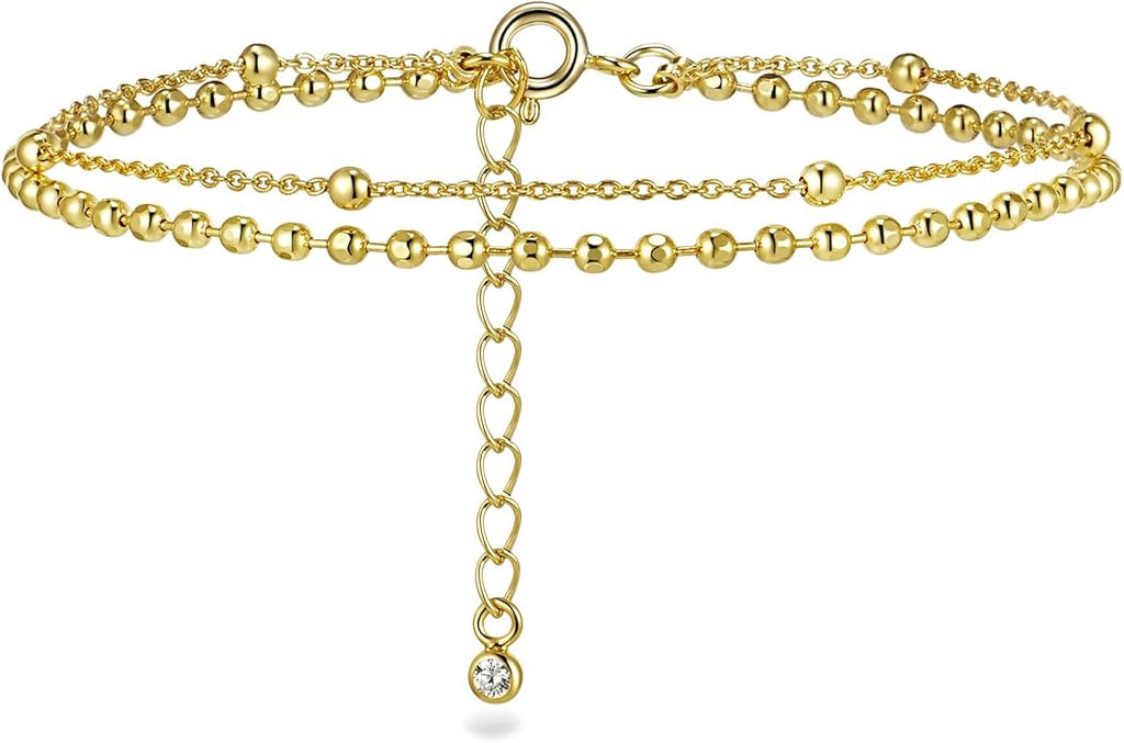 JINEAR Gold Ankle Bracelets for Women，14K Gold Plated Waterproof Chain Herringbone Layered Beaded Anklets Adjustable Summer Beach Jewelry Gift for Women