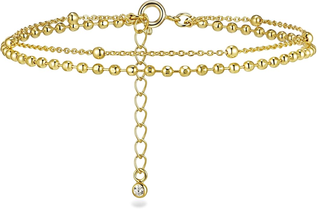 JINEAR Gold Ankle Bracelets for Women，14K Gold Plated Waterproof Chain Herringbone Layered Beaded Anklets Adjustable Summer Beach Jewelry Gift for Women