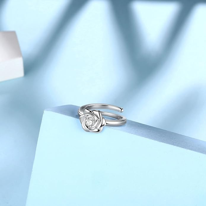 925 Sterling Silver Rose Flower Ring - Adjustable, Elegant Promise Ring for Women & Girls - Perfect for Birthday & Wedding Gifts