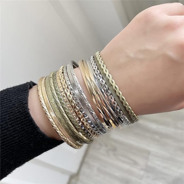 16Pcs Gold Bangle Bracelets for Women - Multi Layer Stackable Textured Bracelets Boho Jewelrys Set.
