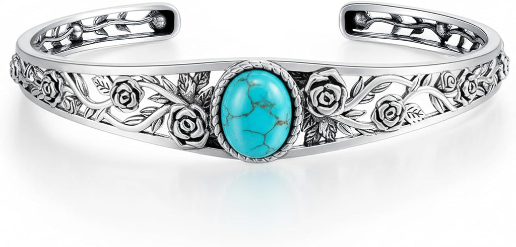 Genuine Turquoise Cuff Bracelet for Women, Sterling Silver Western Vintage Floral Bangle Native American Jewelry, For 6.5-7.5 Inch Wrists