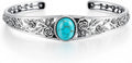 Genuine Turquoise Cuff Bracelet for Women, Sterling Silver Western Vintage Floral Bangle Native American Jewelry, For 6.5-7.5 Inch Wrists