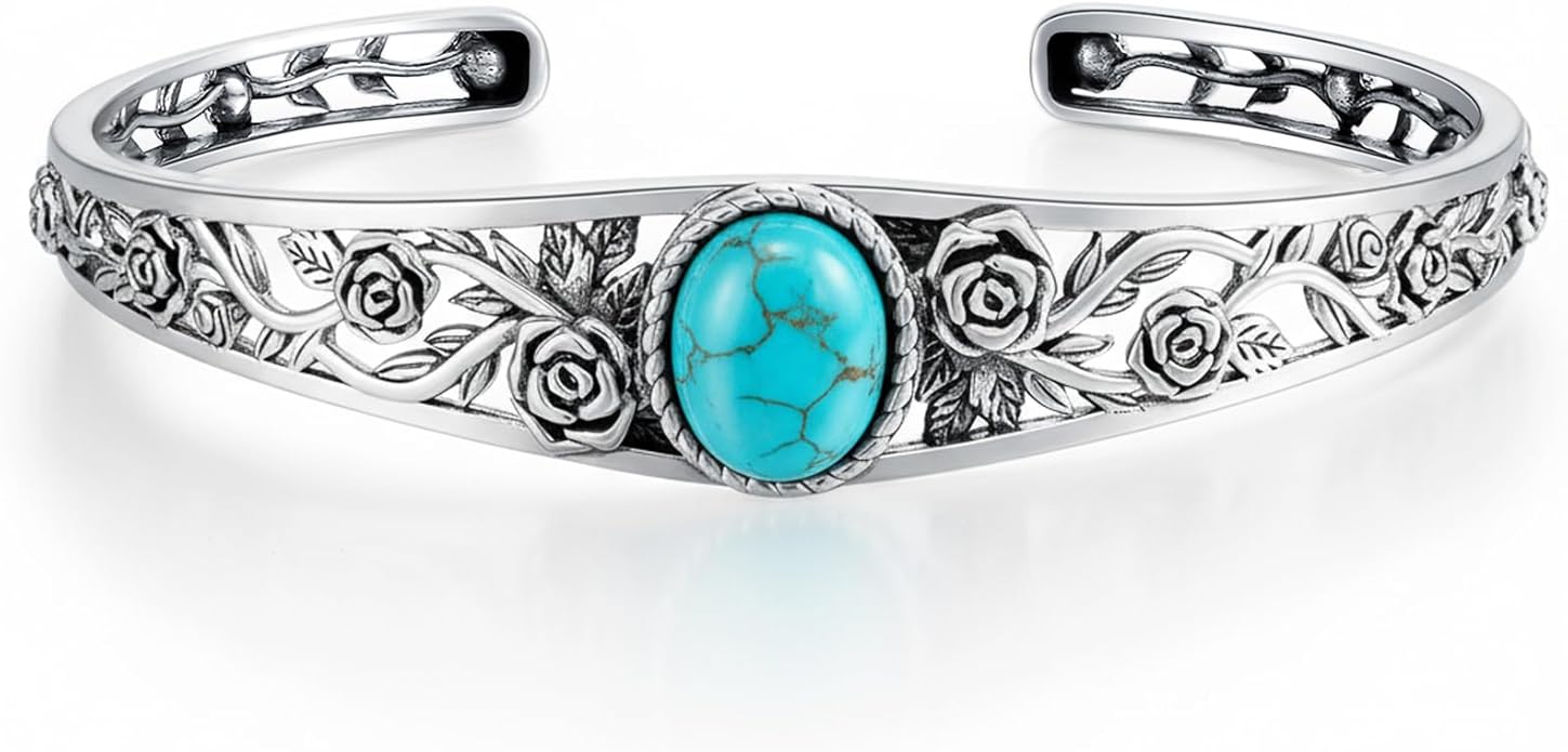 Genuine Turquoise Cuff Bracelet for Women, Sterling Silver Western Vintage Floral Bangle Native American Jewelry, For 6.5-7.5 Inch Wrists