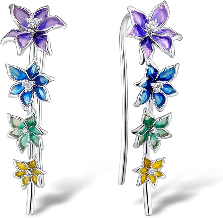 Santuzza 925 Sterling Silver Enamel Flower Ear Cuffs Climber Earrings for Women