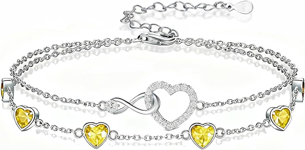 Prismata Infinity Birthstone Charm Link Bracelet 925 Sterling Silver Adjustable 12 Months Birthstone Infinity Bracelet Birthday Jewelry Gifts for Women Mom Her,with 7"+2" chain