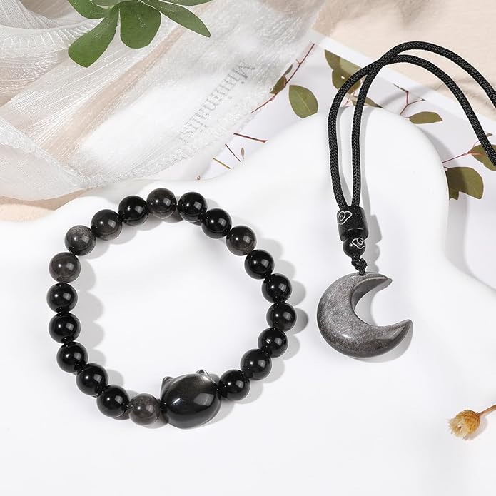 Black Obsidian Cat Bracelet and Moon Pendant Necklace Jewelry Set-Cat Lover Gifts,Wealth Attraction,Good Luck,Bead Bracelet,Mindfulness,Beaded Bracelets, Obsidian Pendant Necklace-Cute Gifts for Women