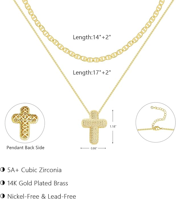 OGD Bubble Cross Necklace for Women 14k Gold Plated Cross Necklace Stackable Dainty Gold Necklace Mariner Chain Necklace CZ Cross Pendant Necklaces Set Simple Jewelry Gift