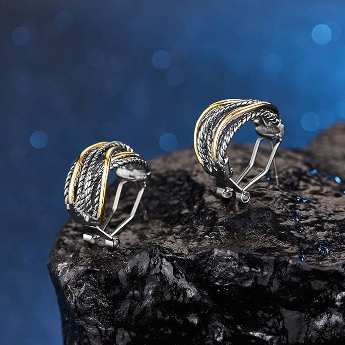 Mytys Two Tone Huggie Hoop Earrings Cross Over Design Twisted Rope Silver Gold Statement Wide Band Clip On Hoops for Women Fashion Jewelry Gift