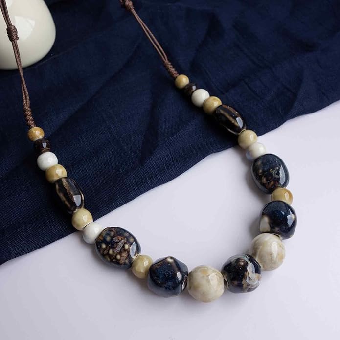 Boho Round Colorful Ceramic Beaded Necklace, Adjustable Hippie Statement Necklace, Handmade Ethnic Jewelry Gift for Women