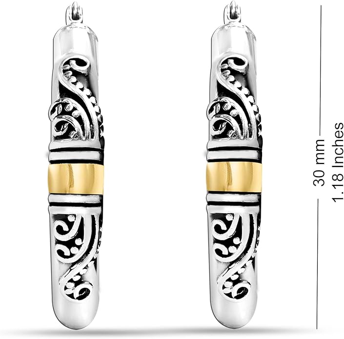 LeCalla 925 Sterling Silver Bali-Style Hoop Earrings Lightweight Click-Top Antique Two-Tone Beaded Italian Bali Style Earring Hoops for Women