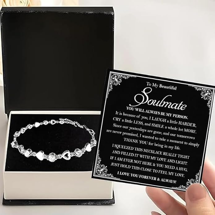 To My Soulmate Bracelet for Women, Heart Chain Bracelet with Shiny Stones, Perfect Birthday or Anniversary Christmas Gift for Soulmate with Message Card and Gift Box