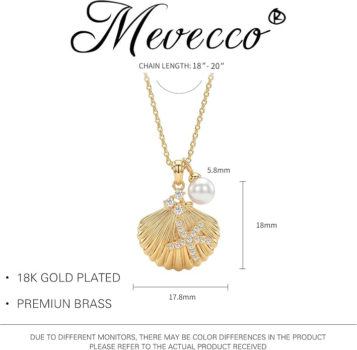 MEVECCO Dainty Gold Pendent Necklace for Women 18K Gold Plated Pearl CZ Starfish Seashell Conch Star Crab Boho Handmade Ocean Chain Necklace Summer Beach Jewelry Gift