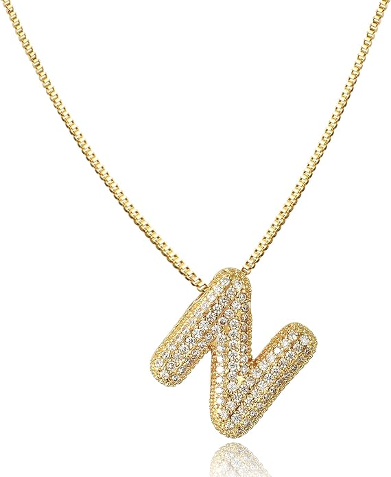 SKQIR Diamond Initial Letter Necklace for Women Bubble Gold Plated Puffy Balloon Alphabet Crystal Zircon Pendant Name Necklace Dainty Charms Trendy Jewelry Gift for Women