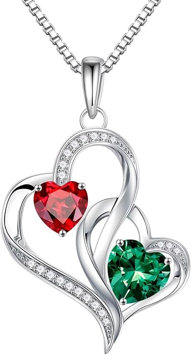 Iefil Valentines Day Gifts for Her - 925 Sterling Silver Double Birthstone Necklace, Heart Necklaces for Women, Anniversary Birthday Gifts, Personalized Jewelry Gift for Wife Mom Girlfriend