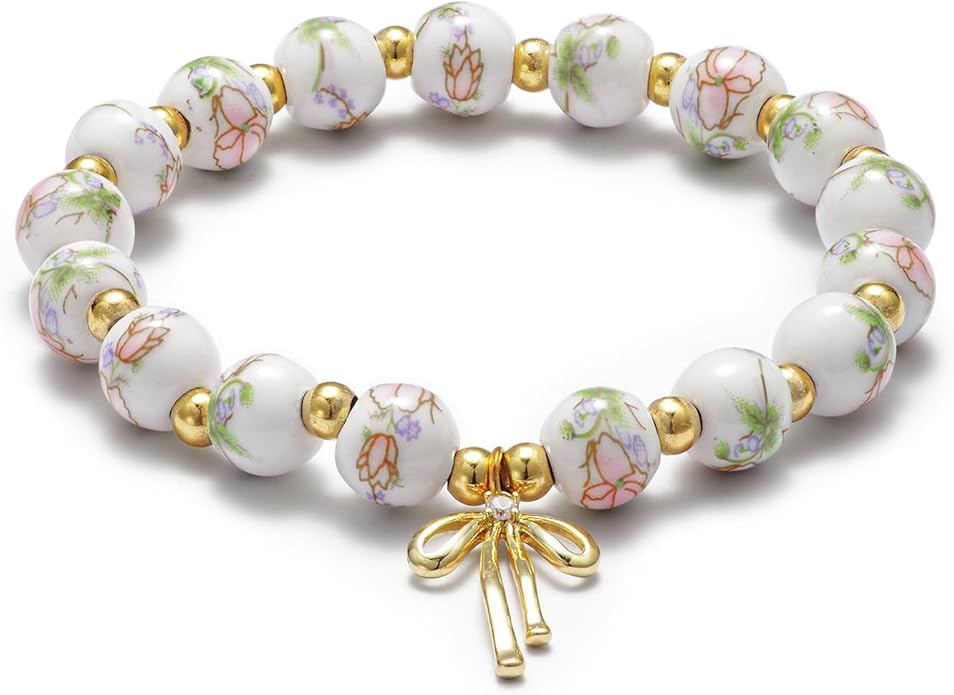 Beads Bow Charm Bracelet for Women Flower Vintage Bracelet Handmade Stretch Beaded Dainty Romantic Jewelry Gifts