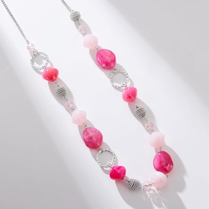 BULINLIN Beaded Long Necklace for Women Silver Sweater Chain Necklace with Crystal Resin Beads, Fashion Jewelry Necklace