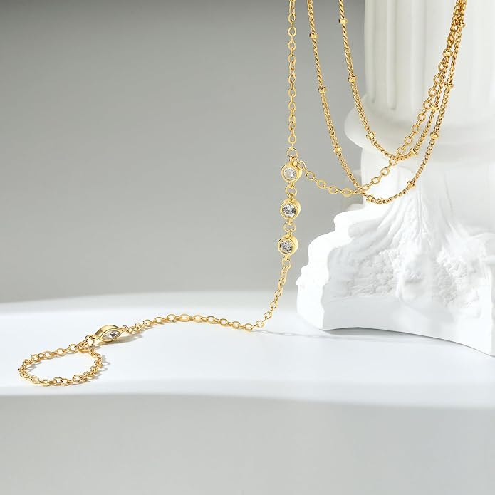 Cicy Bell Hand Chain 18k Gold Plated Bracelet for Women Trendy Teardrop Cubic Zirconia Adjustable Finger Ring Slave Dainty Bracelets Jewelry Gifts