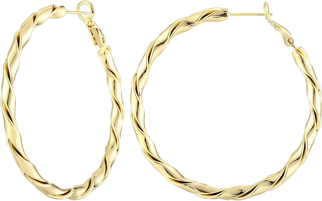 14k Gold Plated Hoop Earrings for Women, 925 Sterling Silver Posts Thick Twist Hypoallergenic Chunky Large Earrings 20mm 30mm 40mm 50mm